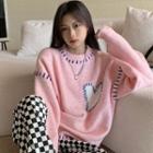 Round Neck Heart Print Sweater Pink - One Size