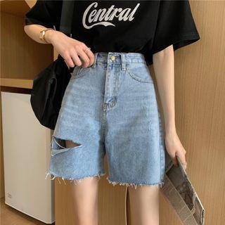 High-waist Loose-fit Ripped Denim Shorts