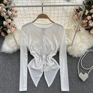 Round-neck Long-sleeve Asymmetrical Cropped Top