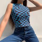 Psychedelic Check Print Knitted Crop Top