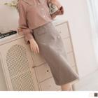 High Waist Herringbone Slit-front Pencil Skirt