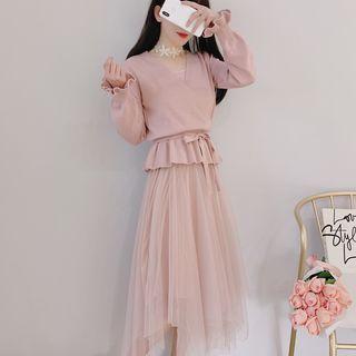 Set: Long-sleeve-knit Top + Spaghetti Strap Sheer Midi Dress