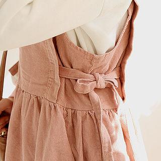 Beribboned-side Shirred Corduroy Jumper Dress
