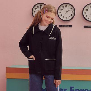 Frilled-collar Dual-pocket Cardigan Black - One Size