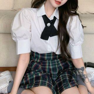 Puff-sleeve Shirt / Plaid Pleated A-line Mini Skirt