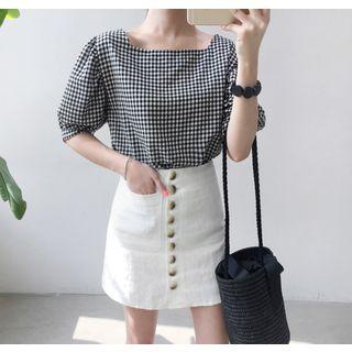 Puff Elbow-sleeve Gingham Cotton Top