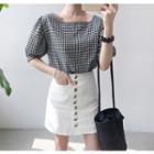 Puff Elbow-sleeve Gingham Cotton Top