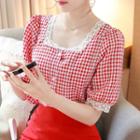 Lace-trim Stitched Gingham Blouse