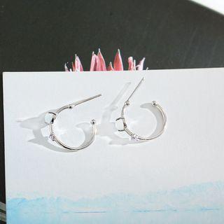 925 Sterling Silver Bead Open Hoop Earring White Faux Pearl - Silver - One Size
