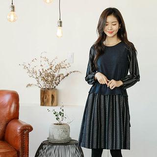 Knit-panel Floral Striped Dress