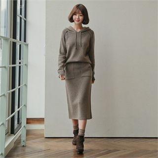 Set: Hooded Knit Top + Midi Skirt