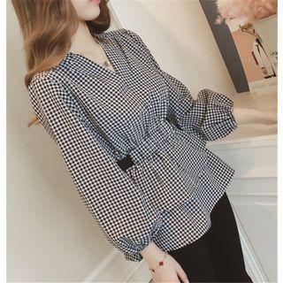 Long-sleeve Check Gathered-waist Blouse