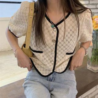 Puff-sleeve Contrast Trim Cropped Blouse Off-white - One Size