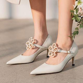 Flower Faux Pearl High Heel Genuine Leather Pumps