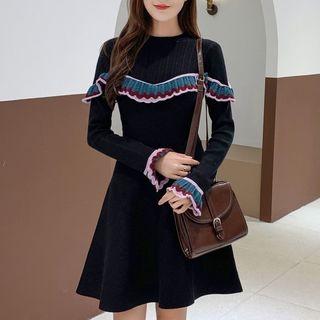Frill Trim A-line Knit Dress Black - One Size