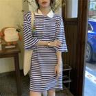 Elbow-sleeve Polo-neck Striped Mini T-shirt Dress Stripe - Blue & White - One Size