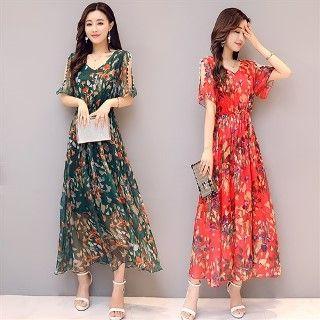 Beaded Cutout-shoulder Chiffon Dress