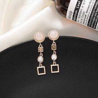 Opal Rhinestone Square Dangle Earring Silver Needle - Square & Faux Crystal - One Size