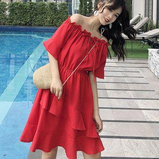 Off-shoulder Short-sleeve A-line Chiffon Dress