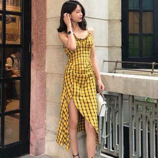 Plaid Spaghetti-strap Slit Midi Dress Yellow - One Size