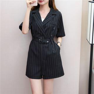 Striped Lapel Playsuit With Belt