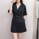 Striped Lapel Playsuit With Belt