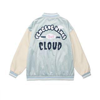Lettering Embroidered Velvet Baseball Jacket