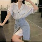 Short-sleeve Striped Shirt / Washed Denim Mini Skirt