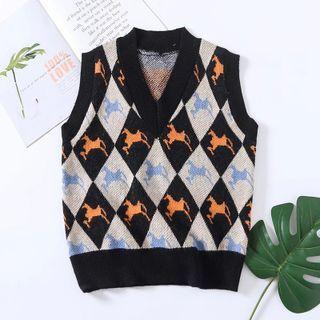 V-neck Horse Print Argyle Sweater Vest