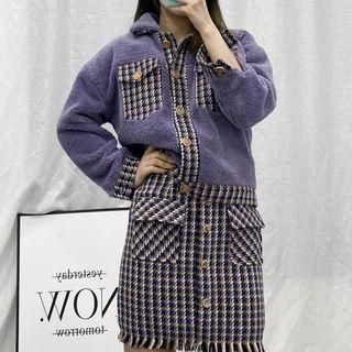 Fleece Button-up Jacket / Plaid Tweed Mini Pencil Skirt