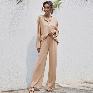 Set: Button-up Long-sleeve Top + Ribbed Wide-leg Pants