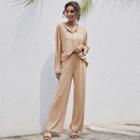 Set: Button-up Long-sleeve Top + Ribbed Wide-leg Pants