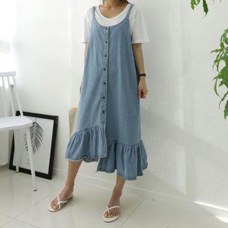 Spaghetti-strap Ruffle-hem Denim Dress With Sash Blue - One Size