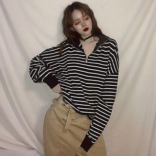 Long-sleeve Striped Zip Placket T-shirt White Stripes - Black - One Size