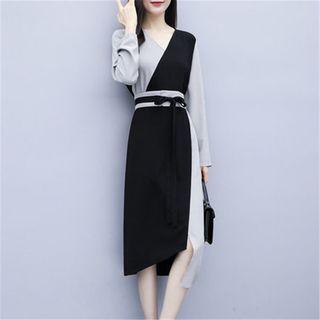 Two-tone Long-sleeve Midi Chiffon Dress