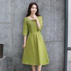 Elbow-sleeve Linen-blend Dress