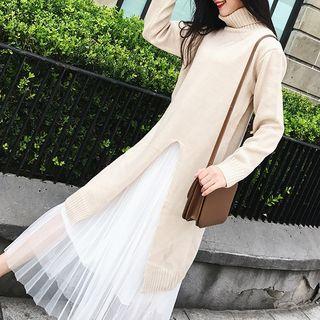 Set: Turtleneck Long Sweater + Midi Overlay Skirt