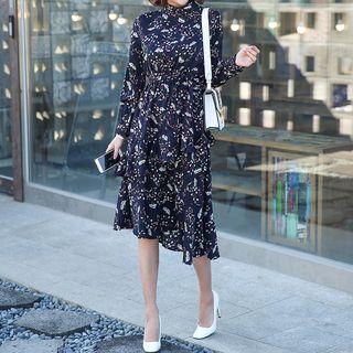 Long-sleeve Floral Print Layered A-line Dress