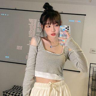 Mock Two-piece Cold-shoulder T-shirt Gray - One Size