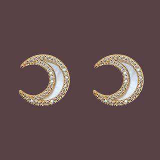 Moon Rhinestone Moonstone Earring 1 Pair - Threader Earrings - S925 Silver - Gold - One Size