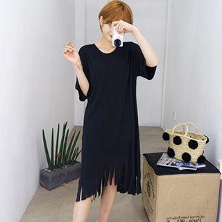 Fringe Hem Elbow Sleeve T-shirt Dress