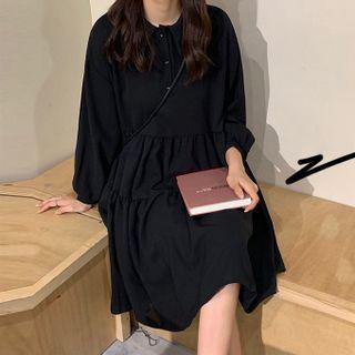 Long-sleeve Henley Midi A-line Dress Black - One Size