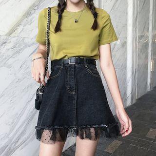 Set: Short-sleeve T-shirt + Mini Mesh Panel Denim Skirt