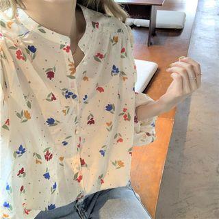 Chiffon Floral Long-sleeve Shirt Almond - One Size