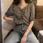Short-sleeve Checked Crop Top