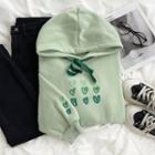 Long-sleeve Heart Embroidered Hoodie Green - One Size