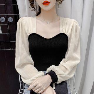 Puff-sleeve Square-neck Chiffon Panel Knit Top