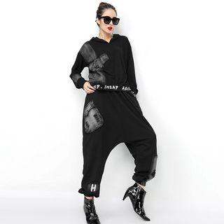 Set: Lettering Hoodie + Pocketed Baggy Pants Black - One Size
