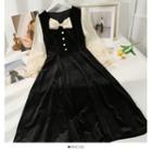 Ribbon-accent Mesh-sleeve Velvet Midi Dress Black - One Size