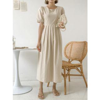 Tie-waist Pintuck-hem Long Dress